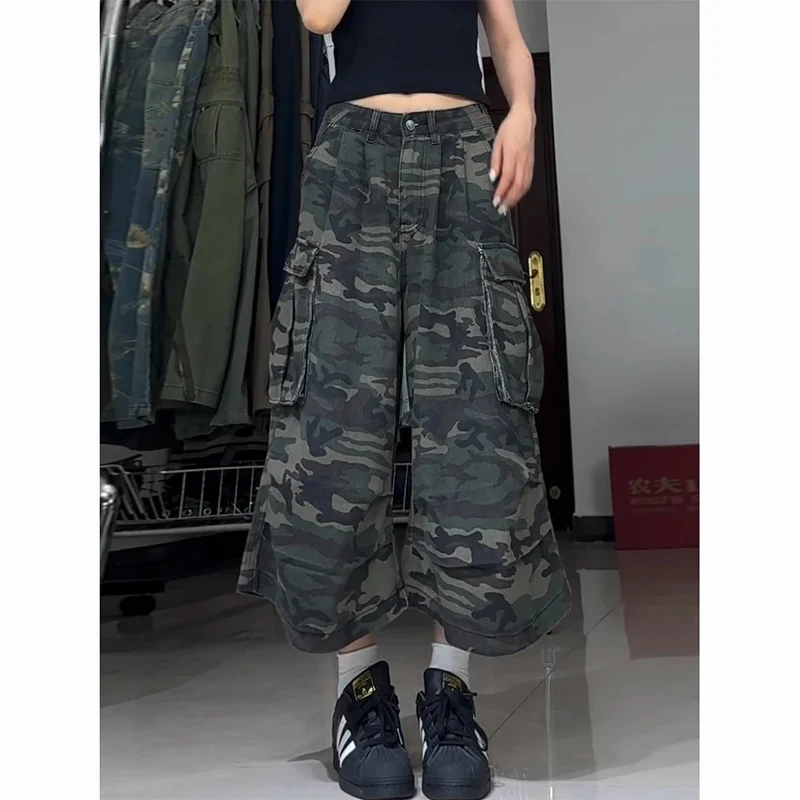 High-Street Damen Loose-Fit Capri-Jeans, Hochgeschnittene Dünne Denim-Hose, Mädchen Vintage Camouflage Gerade Geschnittene Hose