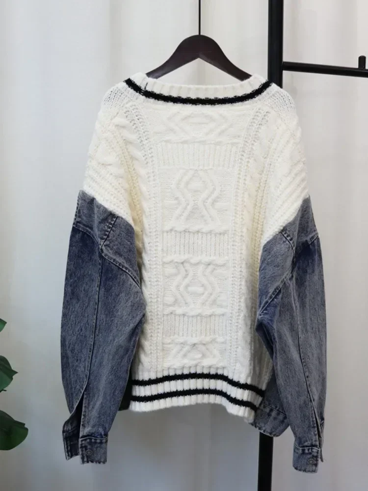 Contrast Denim Outerwears V-Neck Long Sleeve Ropa Mujer 2024 Loose Woman Cardigans Autumn Winter Double Pocket Sweater
