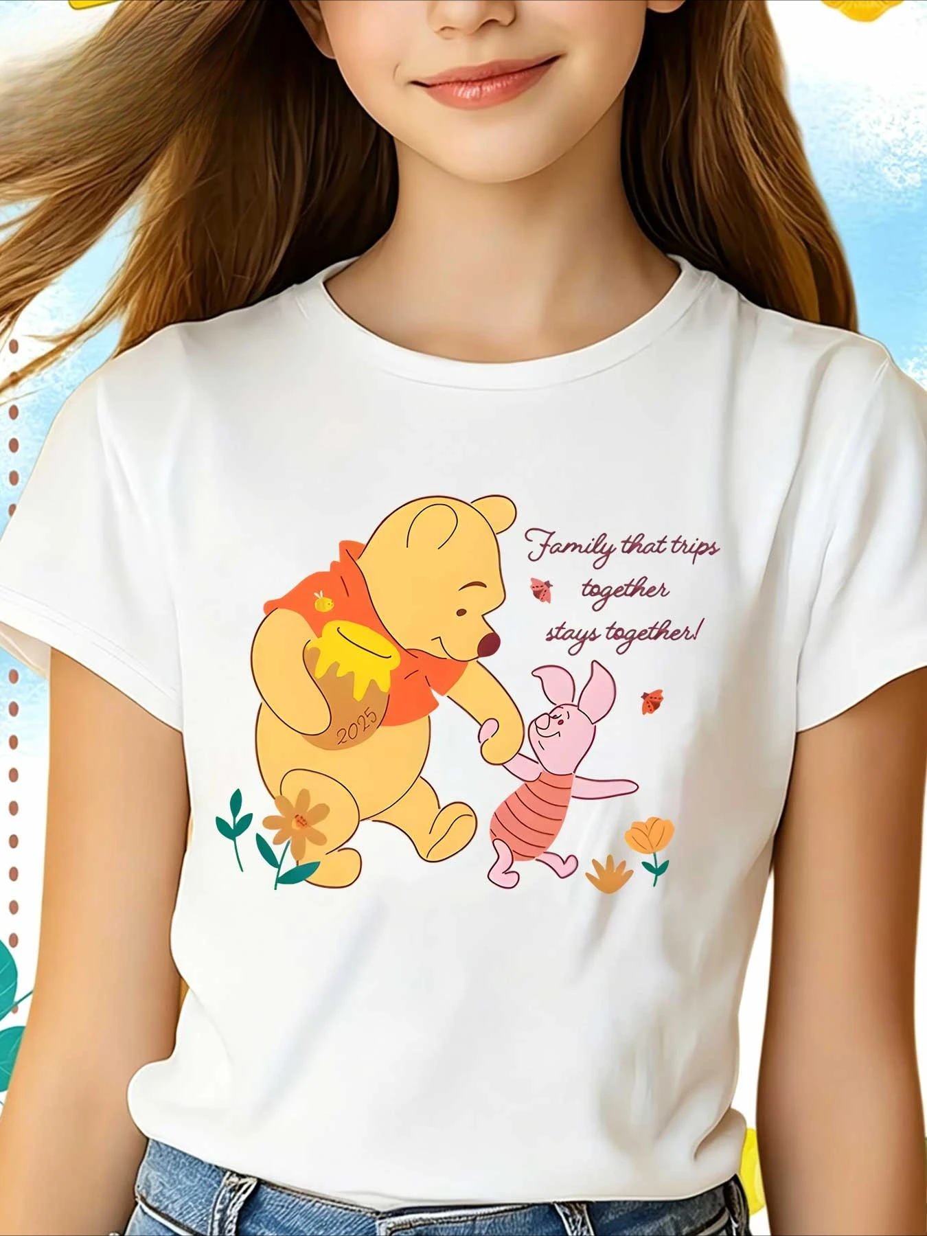 2026  Winnie the Pooh and Piglet holding hands short-sleeved loose-fitting summer T-shirt for girls