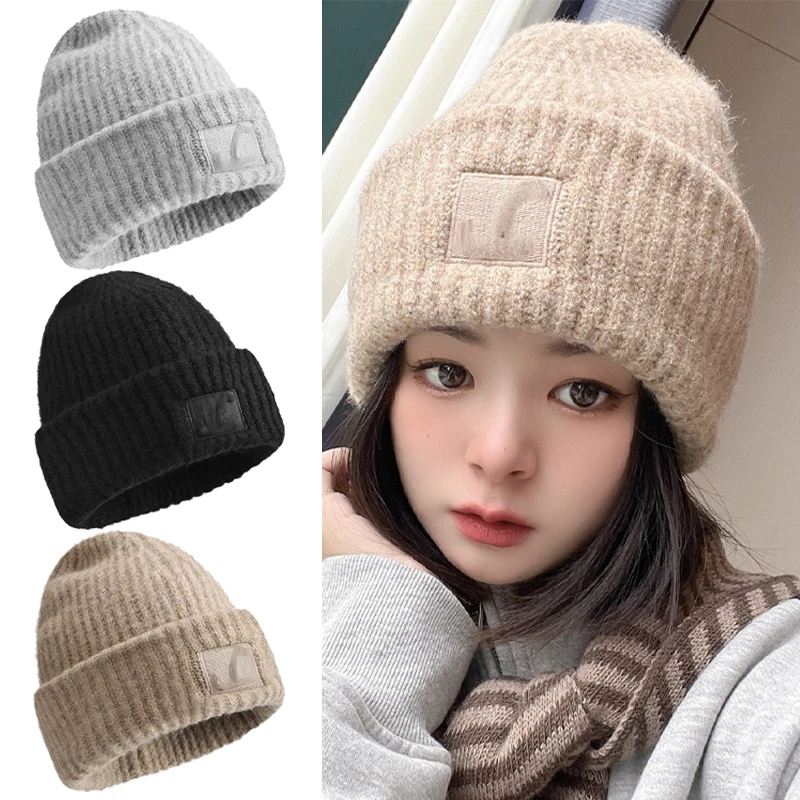 

Knitted Thicke Beanies for Women Girls Winter Windproof Warm Woolen Hat Casual Versatile Solid Color Pile Cap Bonnet Accessories