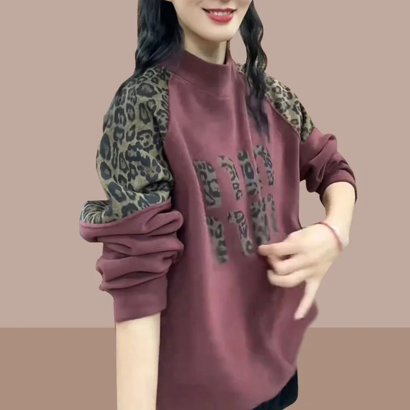 

Толстовка большого размера в стиле пэчворк с леопардовым принтом, осень 2023, женский круглый вырез с длинными рукавами, привлекательный топ