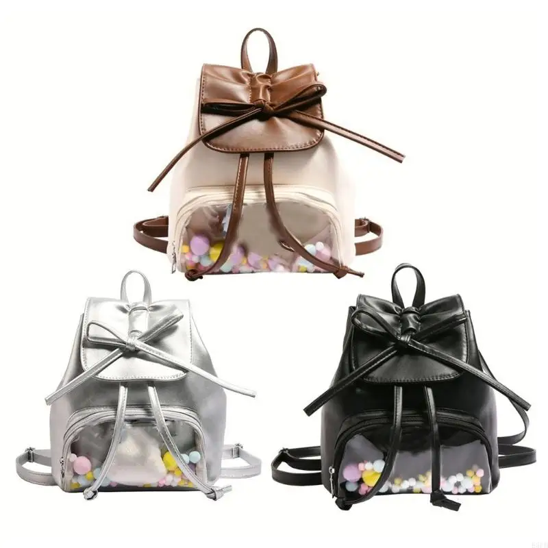 Women School Girl Bowknot Shoulder Backpack Itabag Japanese Transparent Pocket Display Small PU Leather School Bag