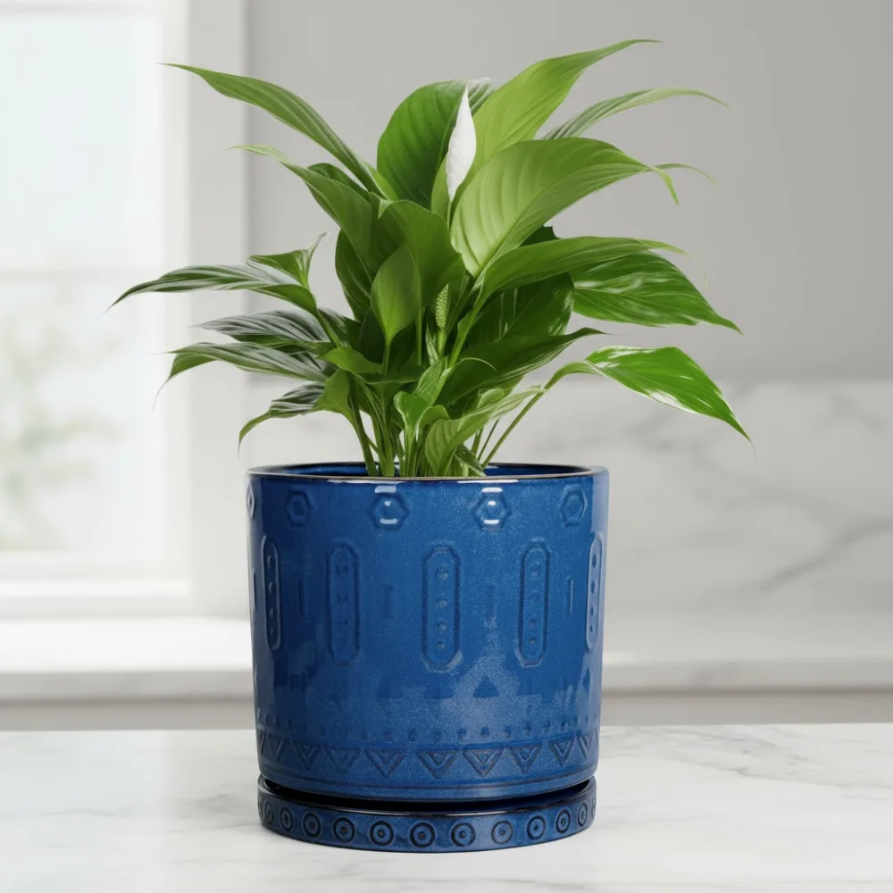 

8-дюймовый керамический горшок с дренажными отверстиями и блюдцем - современный синий цветочный горшок для комнатных и уличных растений, суккулентов, домашнего декора