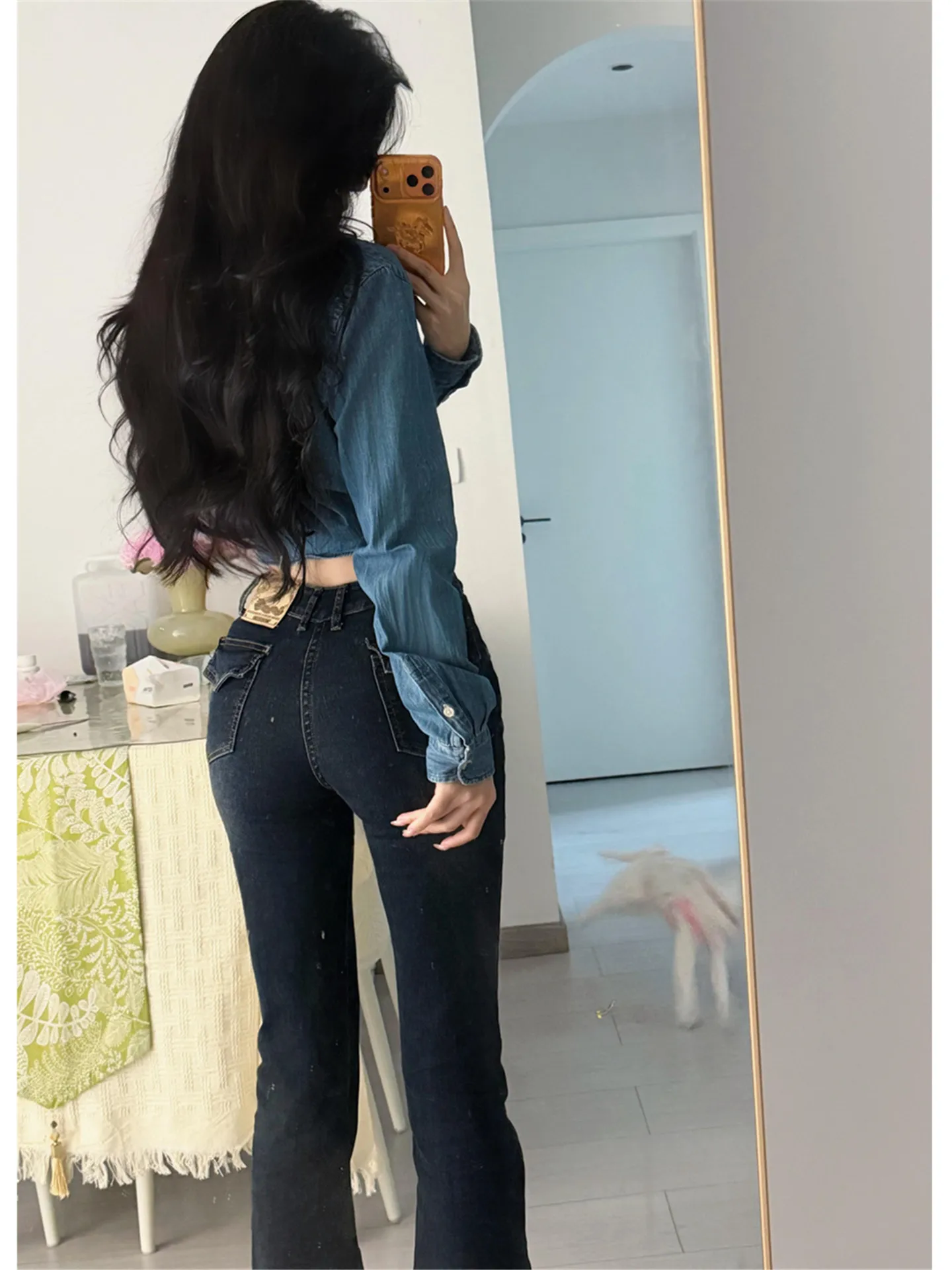 

Retro American Low Waist Bell Bottom Jeans Women's Slimming Tightening High Waist Extended Floor Length Pants Casual Cotton