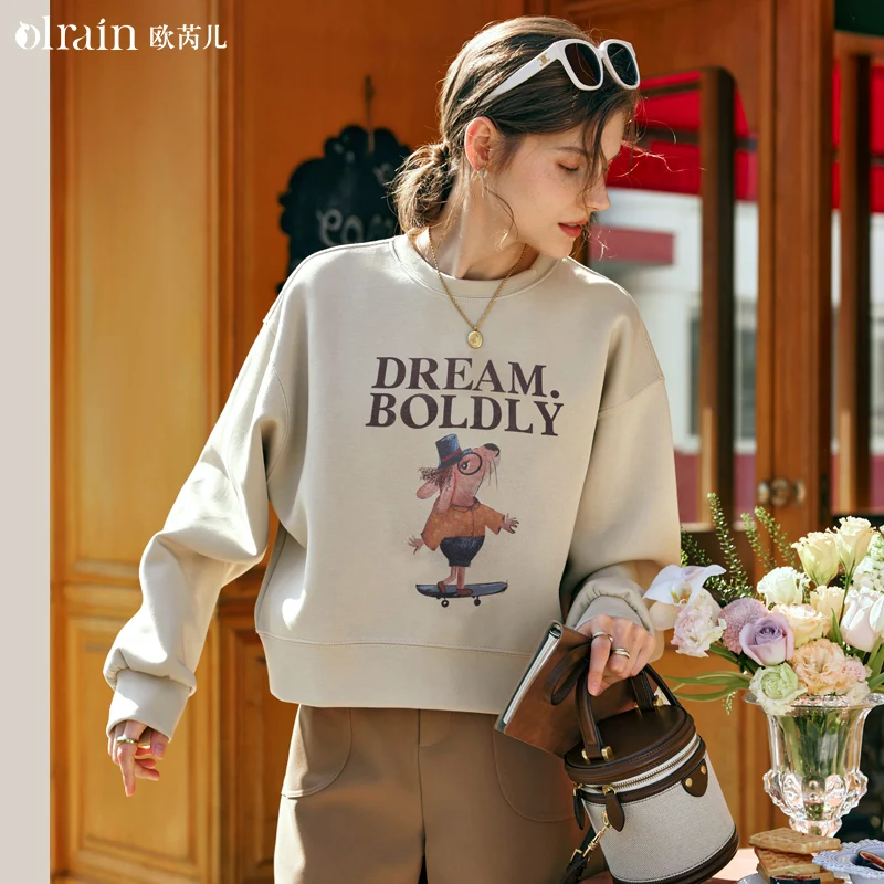 OLrain Cropped Printing Sweatshirts for Women 2025 Spring American Style Vintage Cotton Knit O Neck Pullover Top N56QR89002