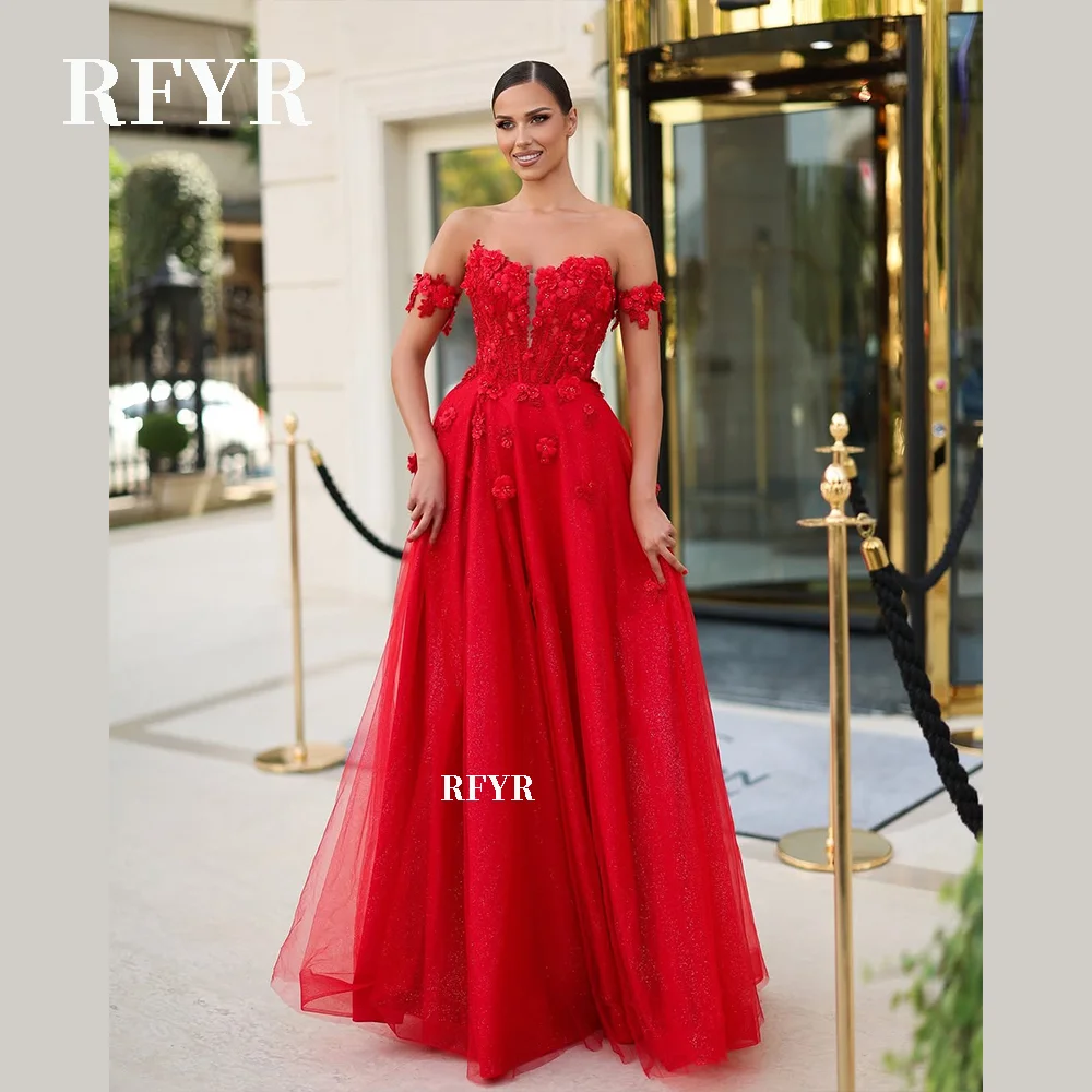 

RFYR Off Shoulder Party Gown with Applique Lace Prom Dress Formal Evening Dresses with High Slit Customized