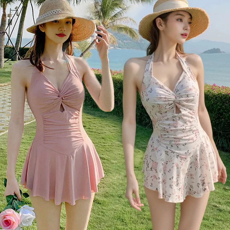 2025 Backless Floral One-Piece Swimdress for Women Halter Neck High Waist High Cut Padded Swimsuit Beach Hot Spring Bathing Suit