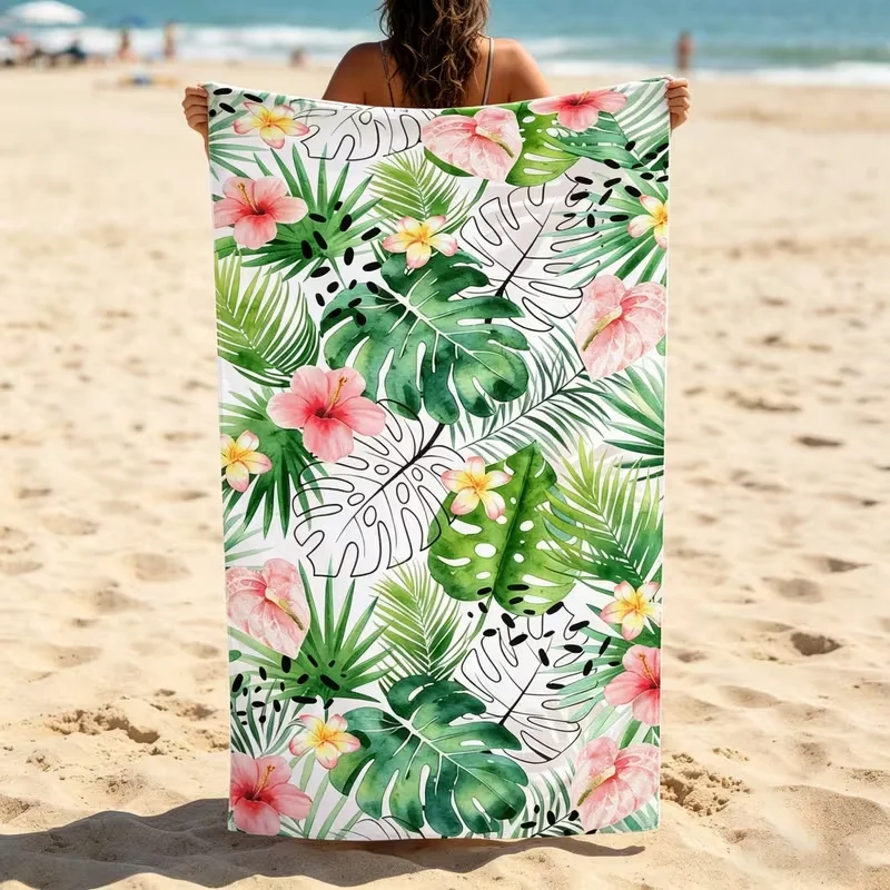 Black White Stripe Pink Green Tropical Palm Leaf Beach Towel Sand Free Towel Contrast Monstera Foliage Print Summer Blanket