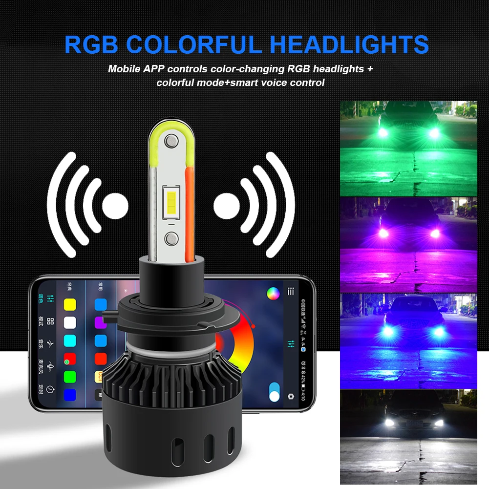 H7 Car LED RGB Headlight Kit APP Bluetooth Control Multicolor Fog Lights Bulbs Lamp For Car Trucks Car Accessories Dropshipping