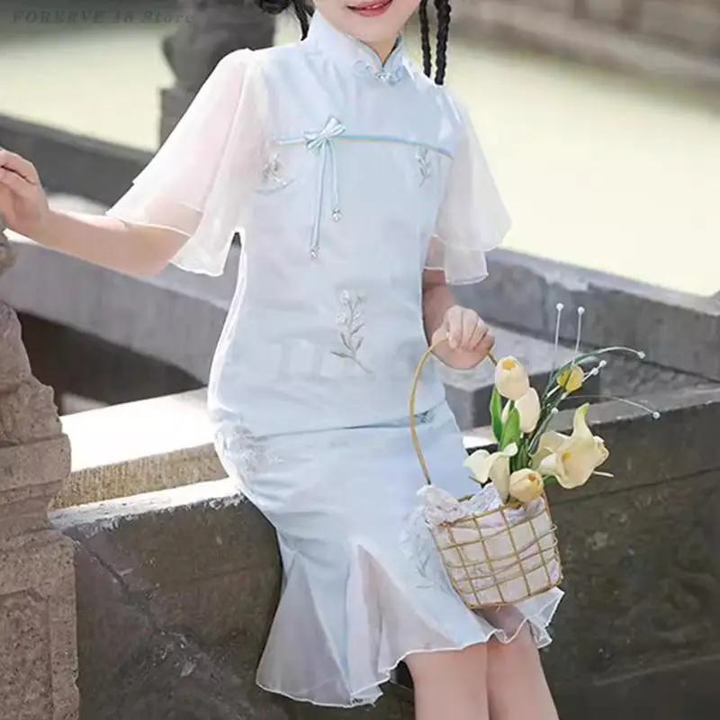 

Girl Sweet Fish Tail Cheongsam New Chinese Style Improved Qipao Blue Jacquard Short Sleeve Vestidos Traditional Princess Dresses