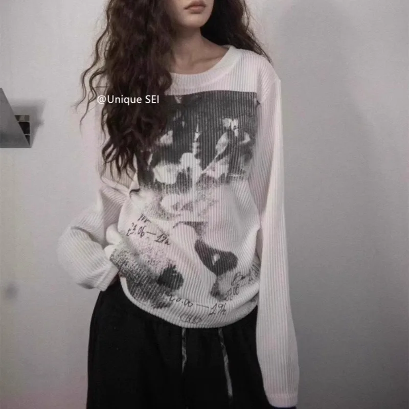 

Streetwear Digital Printing Casual Threaded Long-sleeved T-shirt Women 2025 Autumn New Korean O-neck Loose All-match Tops
