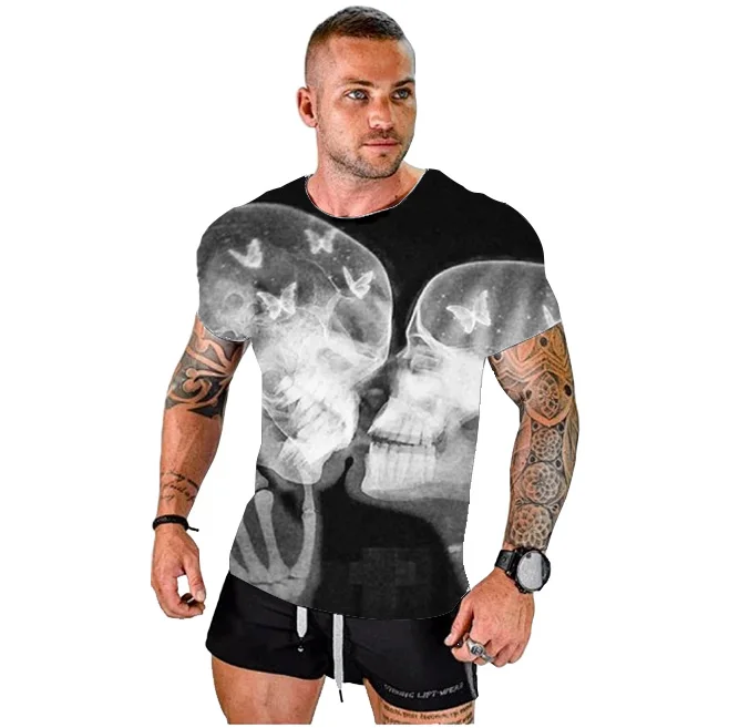 

Latest hot selling retro horror love X-ray 3D printed skeleton casual men's and women's T-shirt short sleeved top