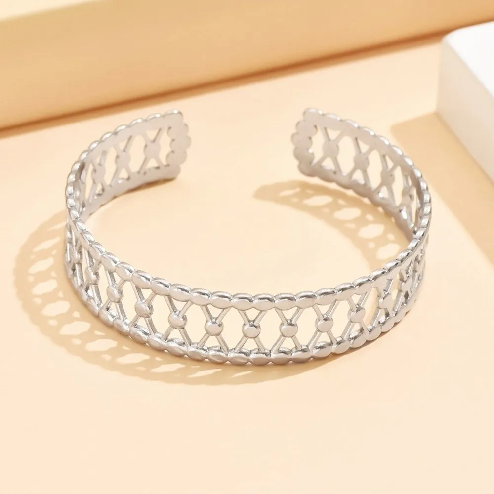 Vintage Style Open Cuff Bracelet Minimalist Design Stackable Geometric Bangle Hollow Geometric Lines Stainless Steel Bangle