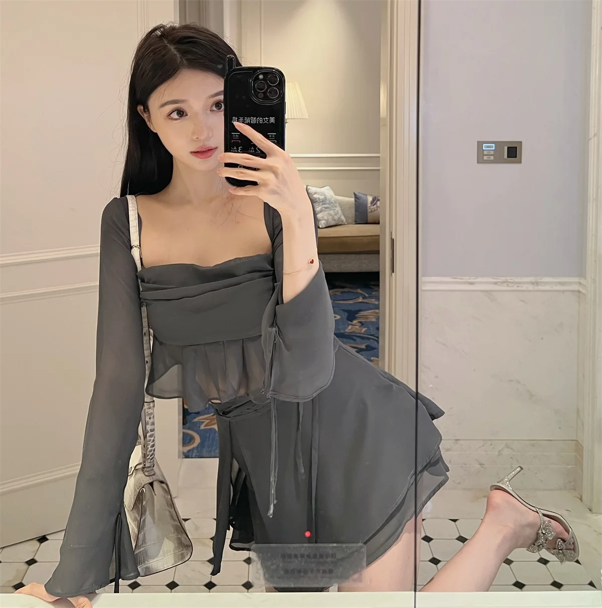 

Faionable aphite Set Ele Chiffon Blouse f Skirt Pants Spicy Large Collar Lace Trim Winema Snow Polyester Autumn