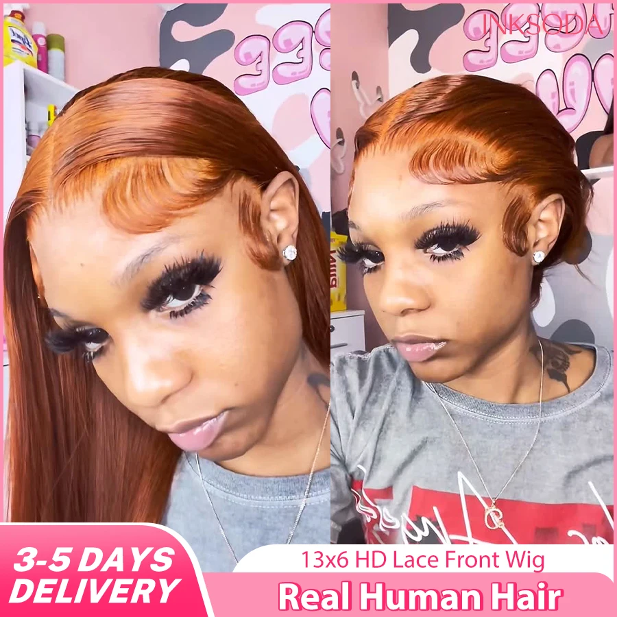 

220% Density 36 Inch Orange Ginger 13x6 13x4 HD Lace Frontal Wig Human Hair Bone Straight Transparent Lace Frontal Color Wigs #350 Colored For Women Brazilian Human Hair Colored Wigs Pre-Plucked Prebleached Straight Human Hair Wigs