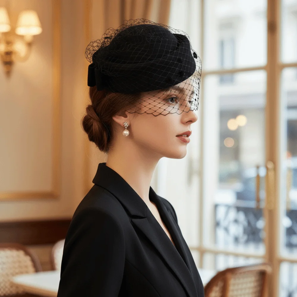 6432 Wool Felt Pillbox Fascinator Hats For Women Winter British Style Bow Black Wool Felt Pillbox Hat With Bow & Birdcage Veil - Etsy main image 3