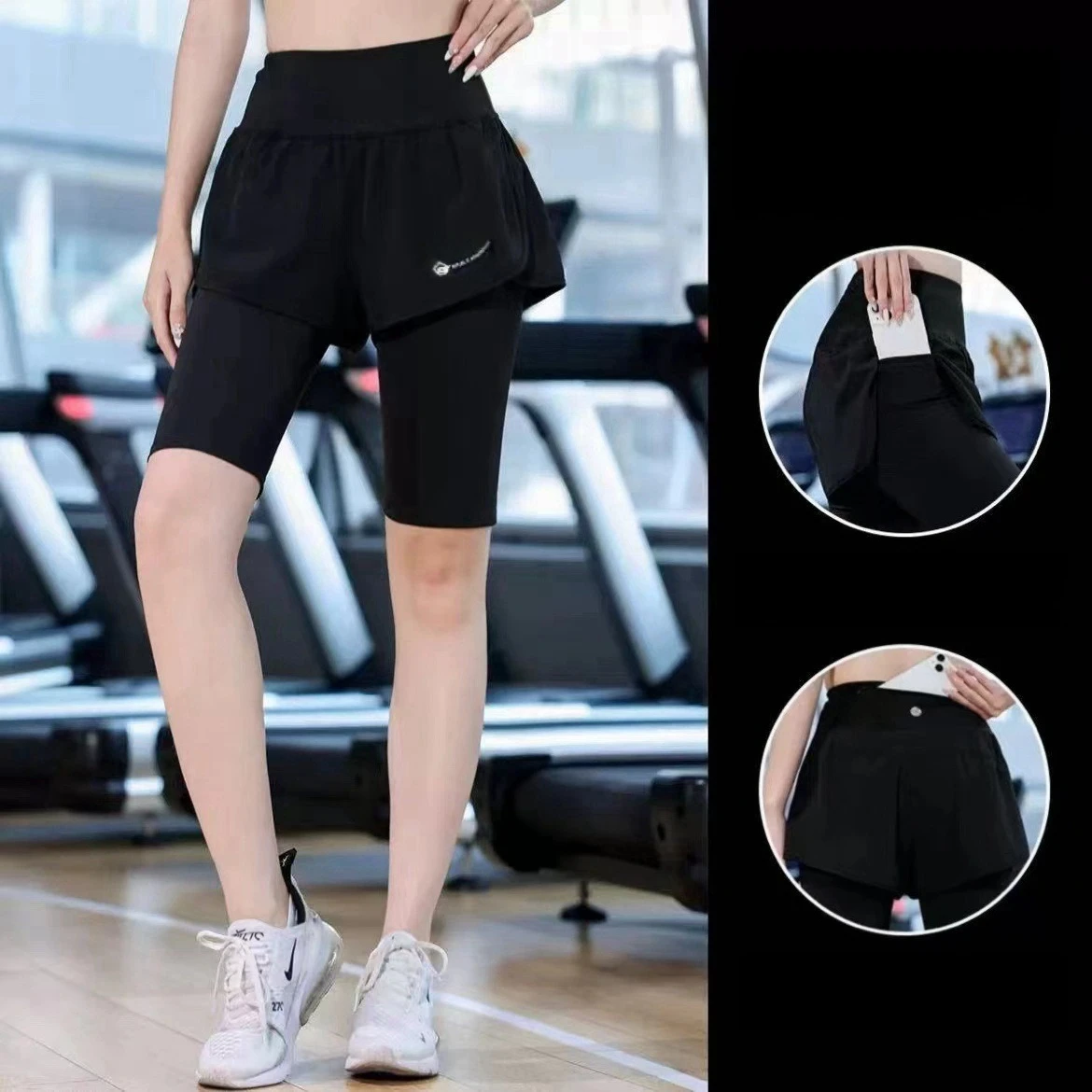 Running Shorts Women's High Waist 2-in-1 Layered Side Pockets Back Zipper Pocket Loose Overlay Anti-Chafe Yoga Gym Workout