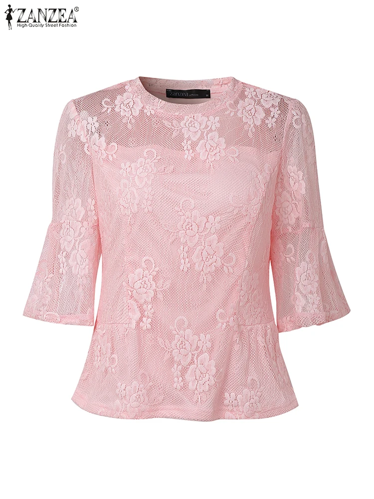 ZANZEA Vintage Lace Blouse Women Casual Loose Tops 2025 Seethrough Shirts Summer Beach Tops V-neck 3/4 Flare Sleeve Blusas