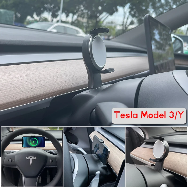 For Tesla Model 3 Y Car Mobile Phone Holder Steering Wheel Wireless Charger BracketCenter Console Interior Accessories 2018-2023