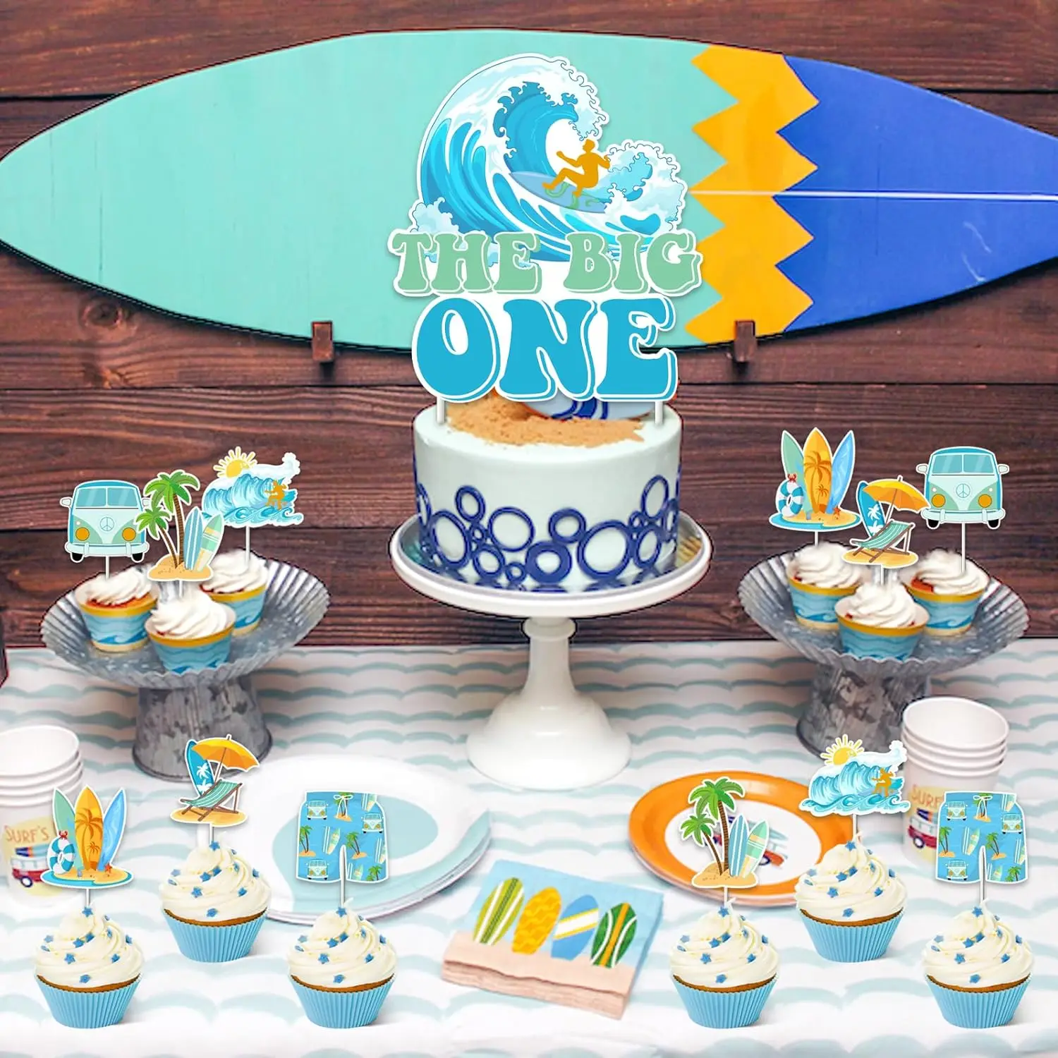 25PCS Surf 1st Cake Decor The Big One Surf Birthday Cake Topper Beach Hawaii Surfing First Birthday Party Supplies