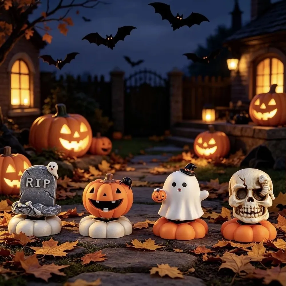 Resin Halloween Ghost Figurine Mini Photo Shooting Props Tabletop Halloween Ghost Decor Cartoon Pumpkins Ghosts Skulls Model