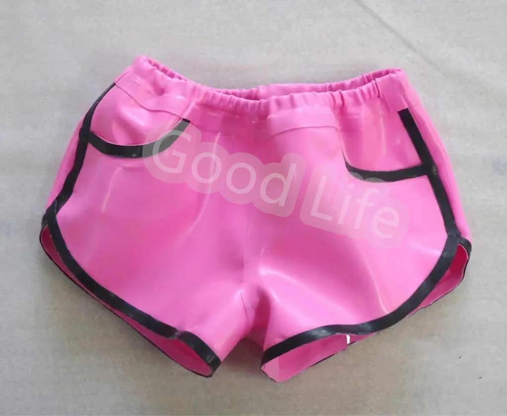 Handmade Pink With Black Trim Latex Woman Jeans Shorts Female Rubber Gummi Underpant With Pockets Woman Panties Daily Wear