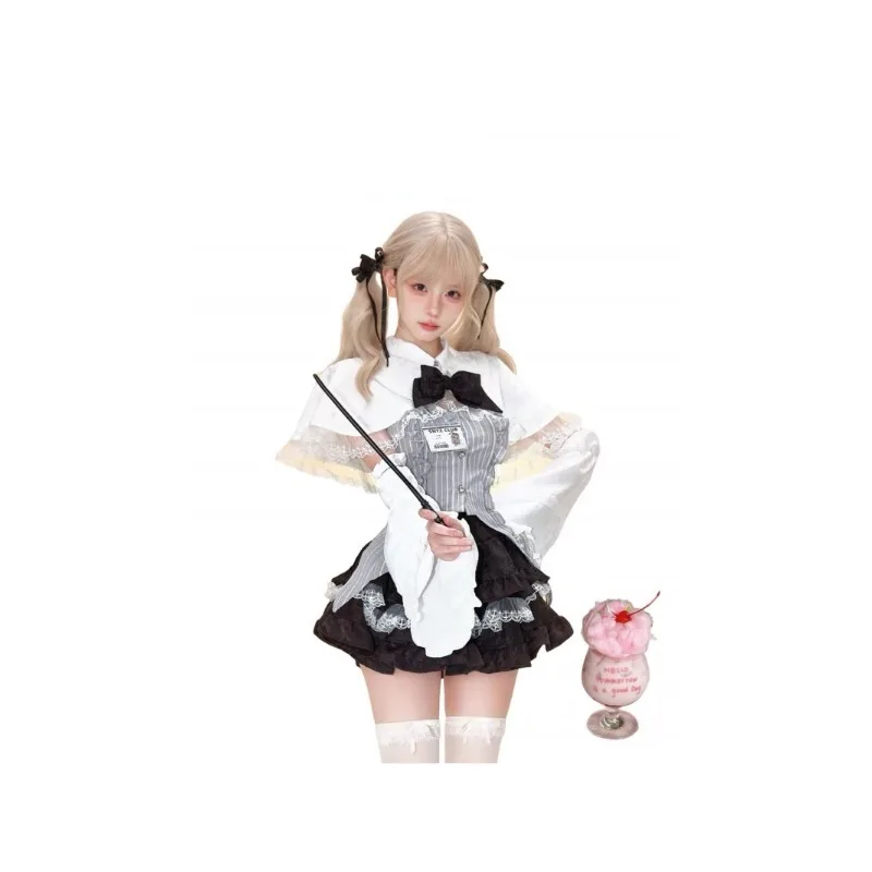 Gothic Preppy Style 4 Piece Sets Women Y2k Bow Cape Coat Stripe Vest Tops Kawaii Lace Ruffles Cake Mini Skrits Japan Lolita Suit