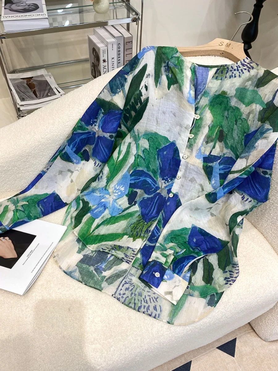 เสื้อทรงหลวม แขนยาว คอวี ลายพิมพ์ สไตล์เกาหลี-ญี่ปุ่น ลำลอง แฟชั่น เสื้อผู้หญิงสำหรับฤดูร้อน ไม่มีแบรนด์