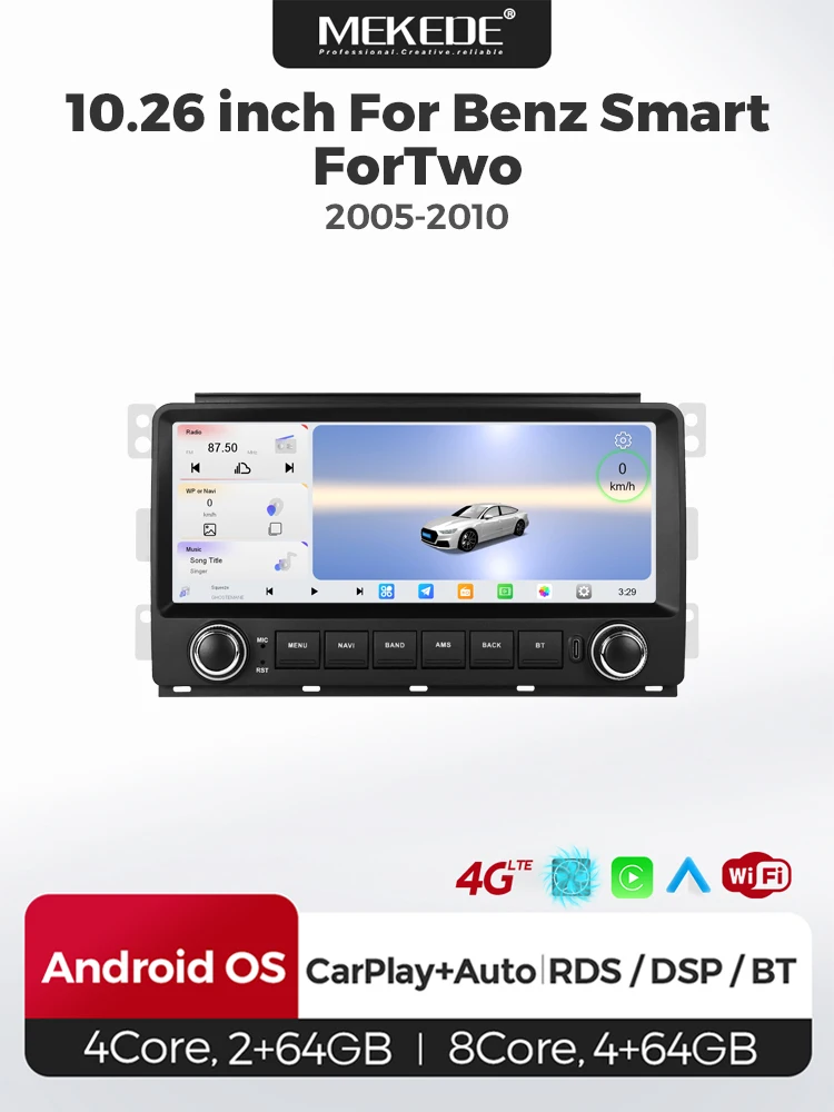 MEKEDE 10,26" kabelloses CarPlay- und Android-Auto-Autoradio, 2-DIN-Format, für Mercedes Benz Smart Fortwo 451, Baujahr 2005–2010, mit IPS-Bildschirm, FM-RDS, GPS-Navigation und SWC-Funktion.