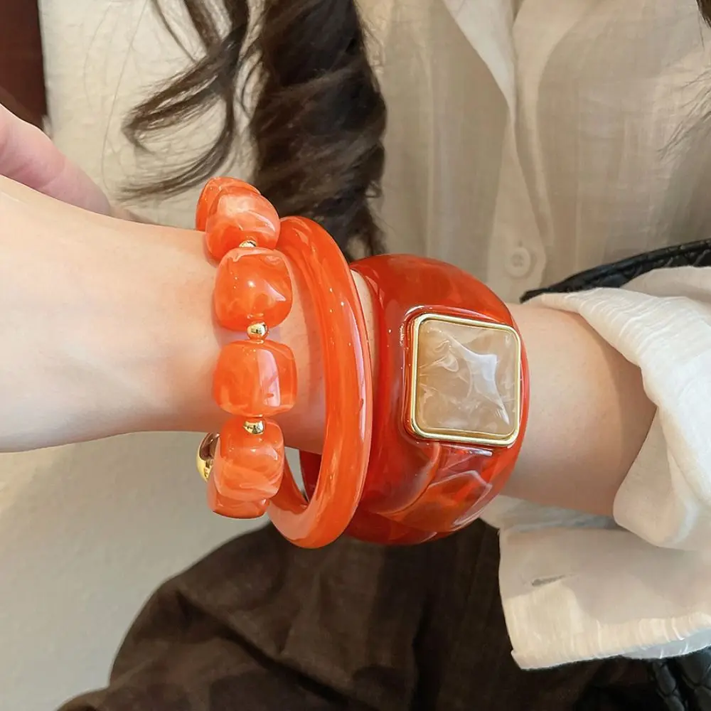 3 Pcs/Set Resin Acrylic Resin Bangle Set Ombre Dye Square Round Vintage Square Bracelet Boho Style Vintage Finish