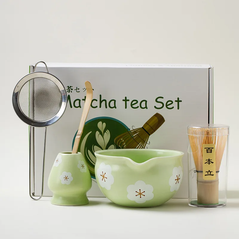 4/5/7/10 Uds Matcha Teaset caja de regalo flores tazón de cerámica Matcha batidor cuchara cepillo de bambú Kit exquisito para amantes del té
