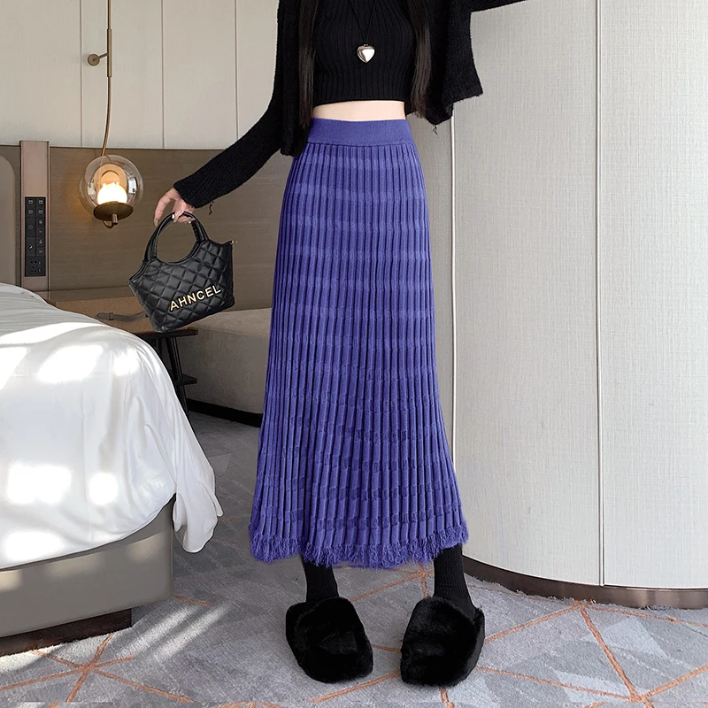 

2024 Women Autumn Winter Fashion Solid Color Knitted Skirt Female Casual Straight Skirts Ladies Elastic Waist Long Skirts M12