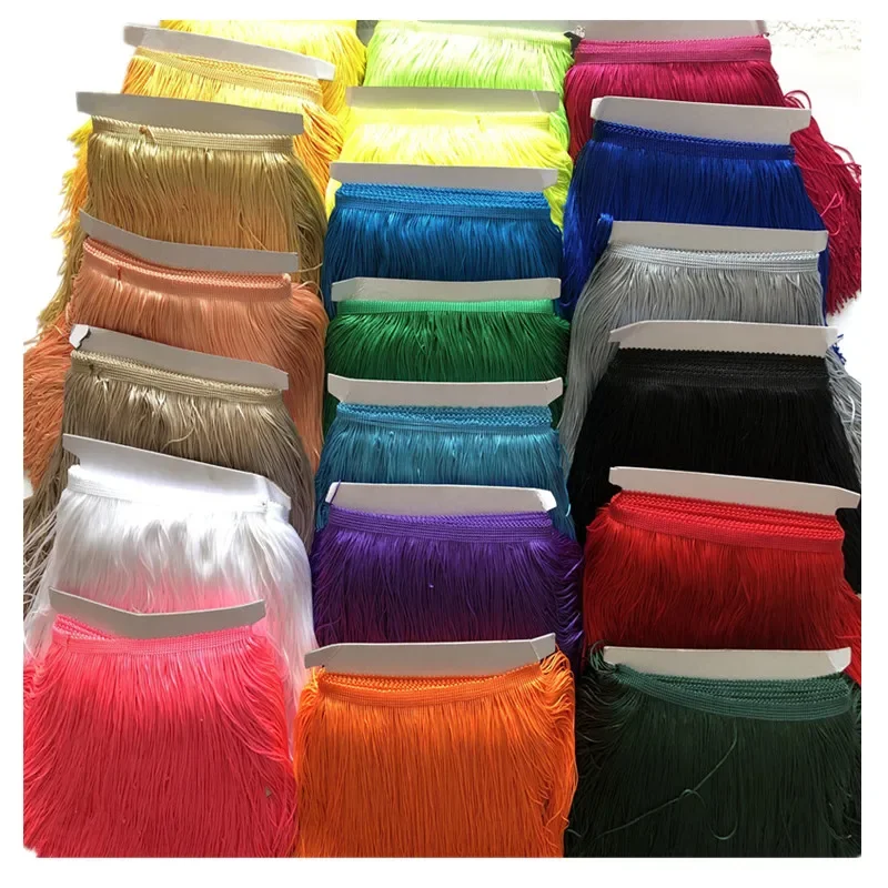 10 Meters 20cm Width Lace Fringe Tassel Black Polyester Fringe Lace Trim Ribbon Sew Latin Dress Stage Garment Accessories