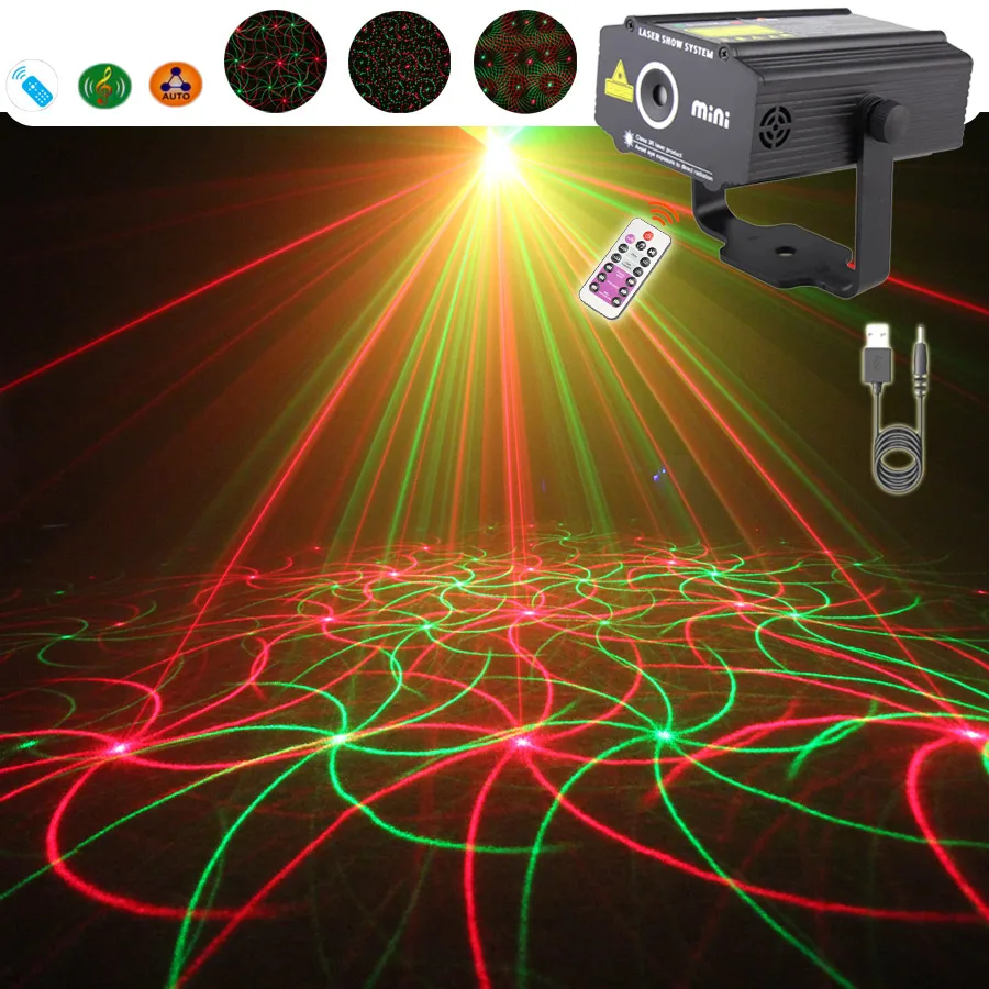 

DC R & G лазерный светильник для вечеринки, 4 узора, проектор, DJ, дискотека, танцевальный бар, семейное рождественское украшение, сценический эффект, лампа L27U