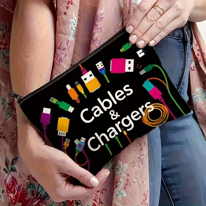 Colorful technology icons cable storage bag, suitable for both men and women as a gift, cable organizing bag