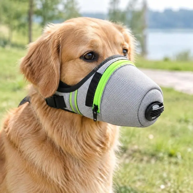 Adjustable Dog Muzzle Mask for Outdoor Walks, Fabric Cover Limits Access to Street Debris with Reflective Trim H8WD