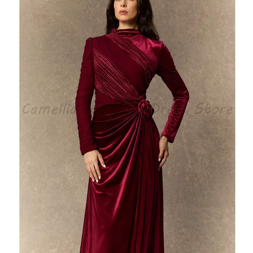 

Burgundy Velvet High Neck Long Sleeve Ruched Draped 3D Rose Maxi Formal Evening Party Gown