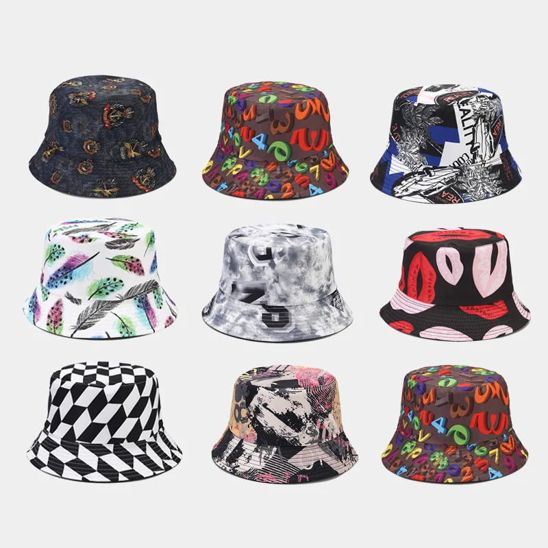 Cross-Border E-Commerce New Printed Double-Sided Wear Spring and Summer Outdoor Travel Beach Hat Sun-Proof Bucket