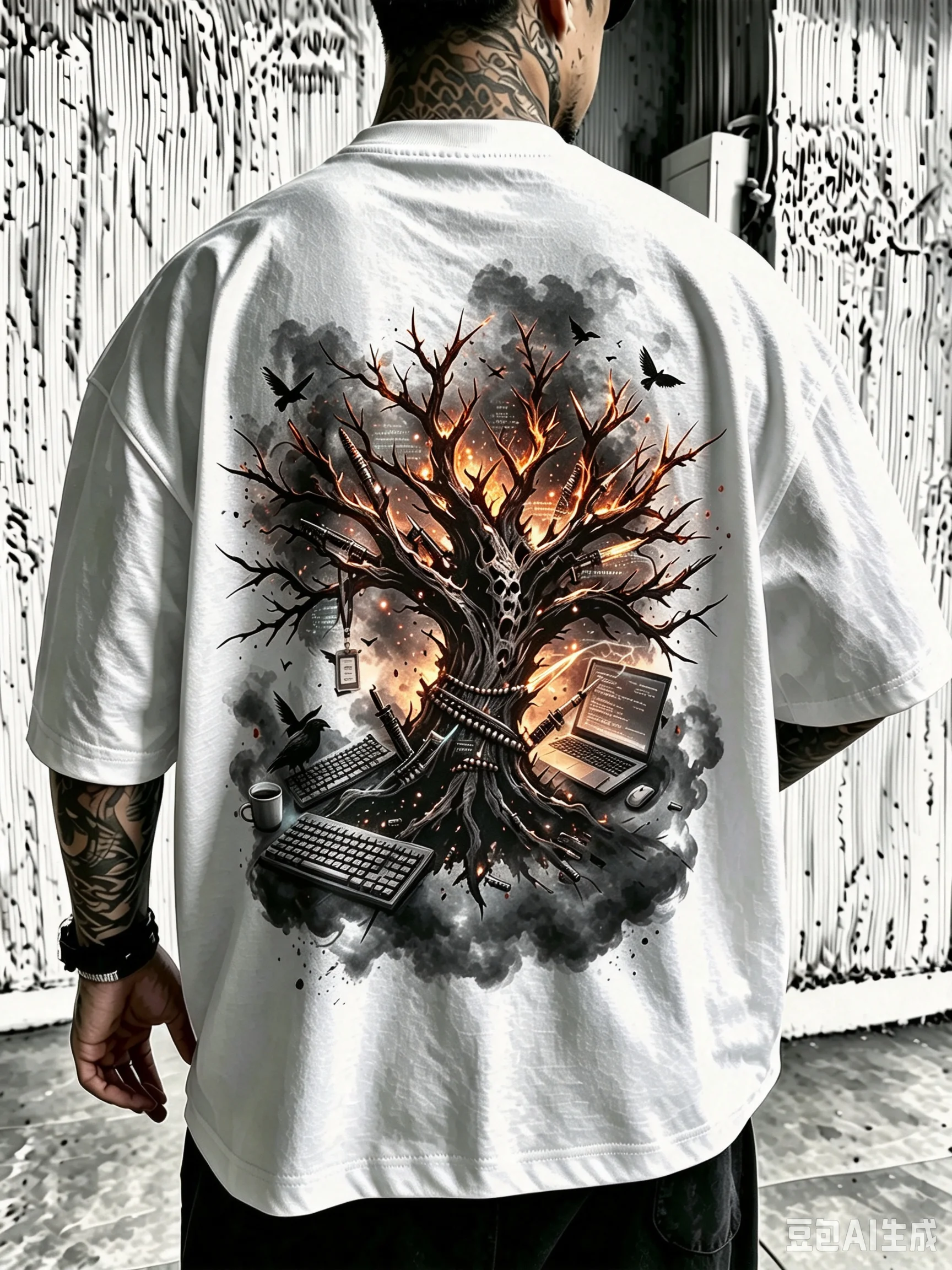 Unisex Oversized T‑Shirt Burning Flames Dead Tree Raven Hacker Laptop Keyboard Dark Graphic Back Print Hip Hop Streetwear Short Sleeve Tee Men Women