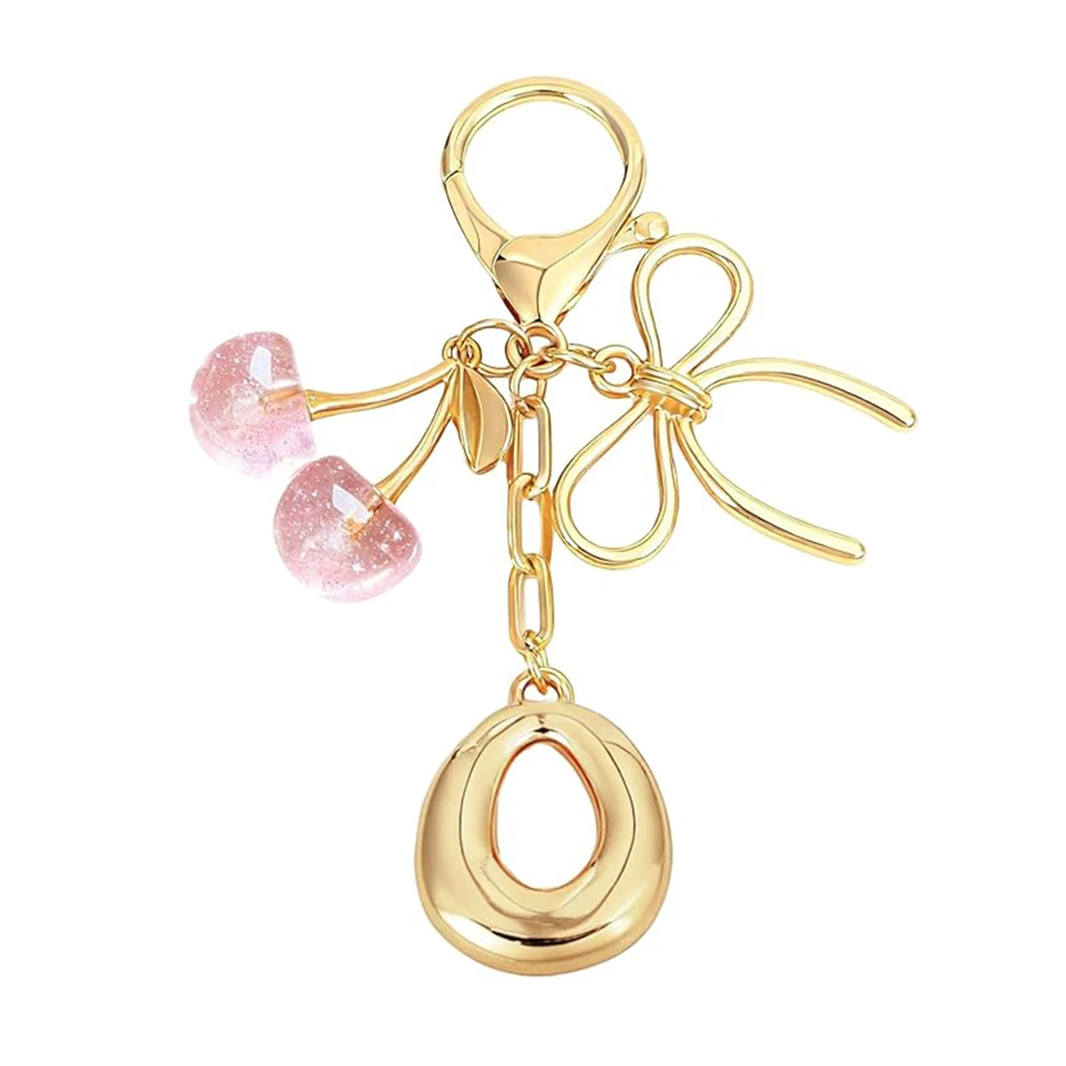 Gold Letter Bubble Initial Keychain with Bow & Cherry, Cute Handbag Accessory