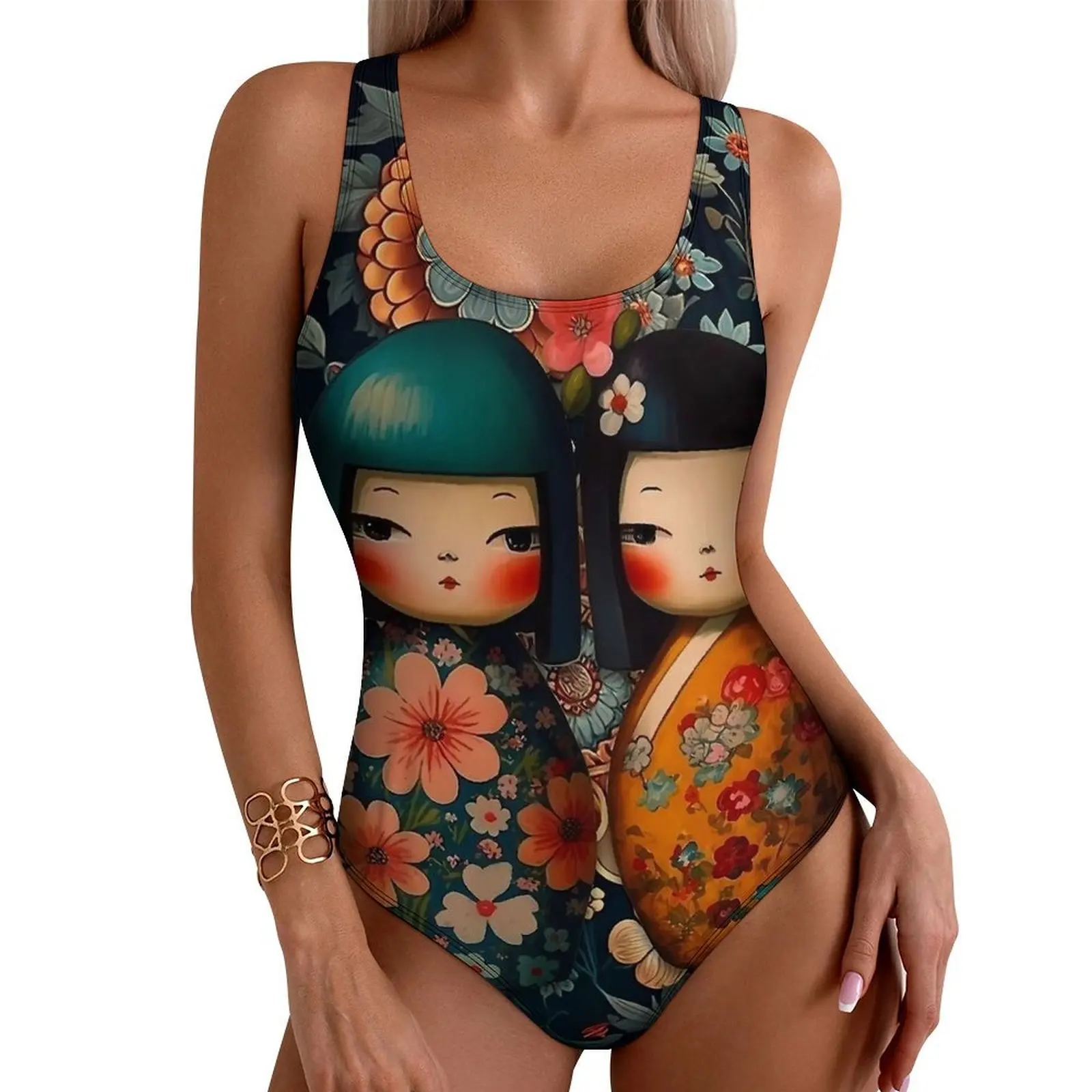 Japanese Dolls Swimsuit Fancy Kokeshi Dolls Swimwear One Piece Beach Swimsuits High Cut Monokini Woman Push Up Beach Outfits
