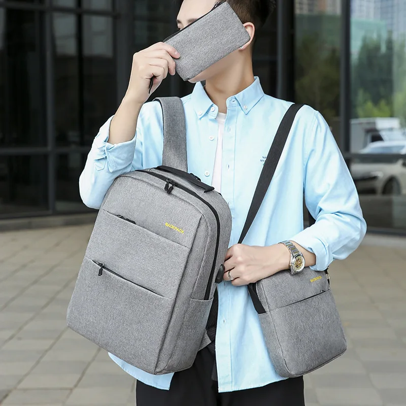 New USB Casual Unisex Student Laptop Three Piece One Shoulder Backpack