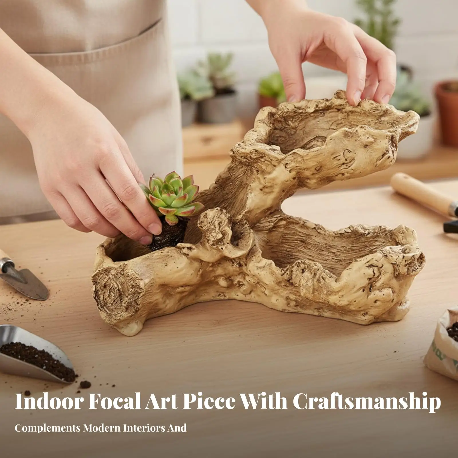 Beige Resin Synthetic Planter with Three Openings Faux Wood Texture for Balcony Shelf Interior Plant Pot Cover Decoration
