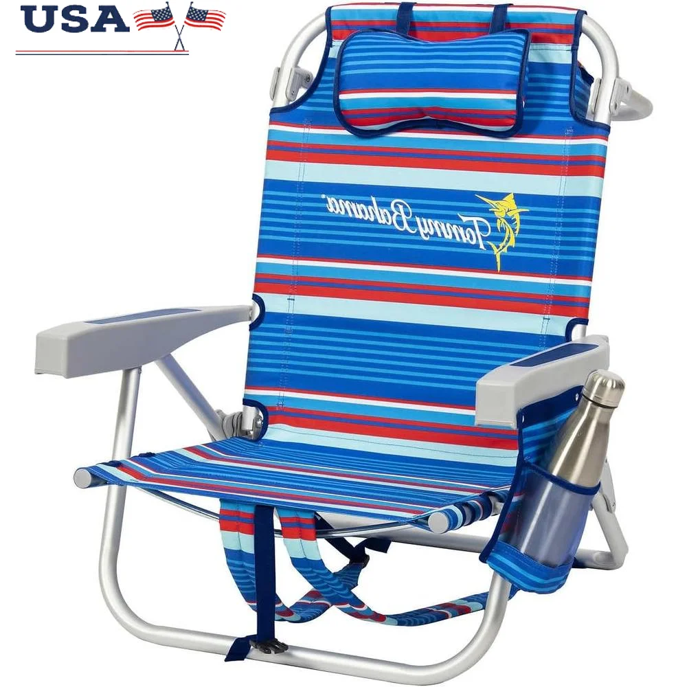 5 Position Reclining Beach Chair with Safety Features Insulated Storage Pouches Padded Straps Towel Bar and Cell Phone Pocket