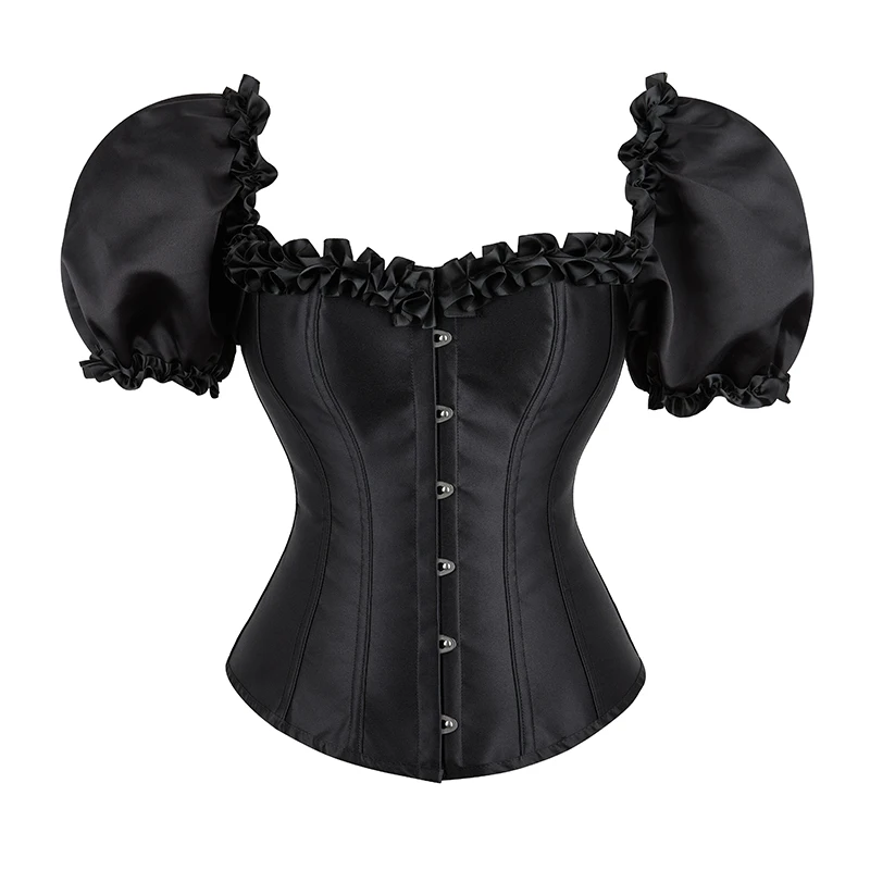 

Women Sexy Square Neck Ruffled Trim Lace-Up Back Puff Short Sleeve Overbust Corset Push Up Boned Bustier Top T-Shirt