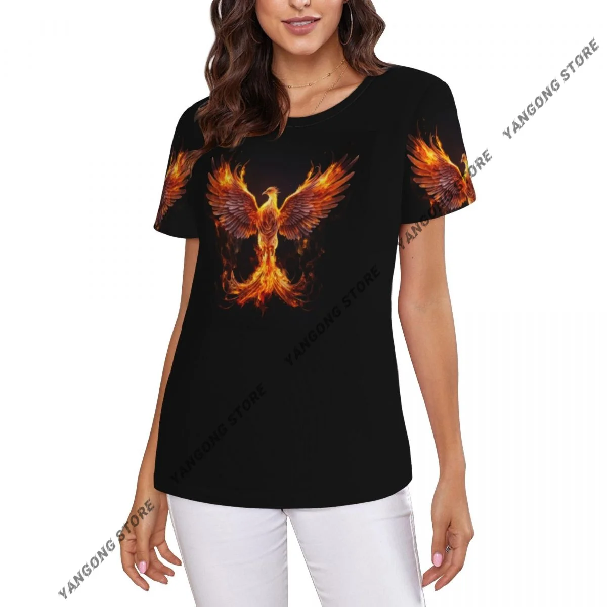 Womens Short Sleeve Burning Bird Phoenix Casual Tee Clothing Crewneck Woman T-Shirts