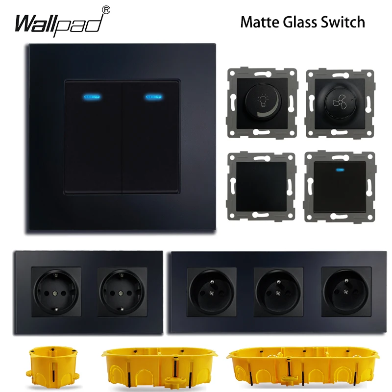 

Matte Glass French EU Standard Switch, 1 2 Gang LED On Off Switch, Wallpad Rotary Fan Dimmer Momentary Reset Wall Power Switch