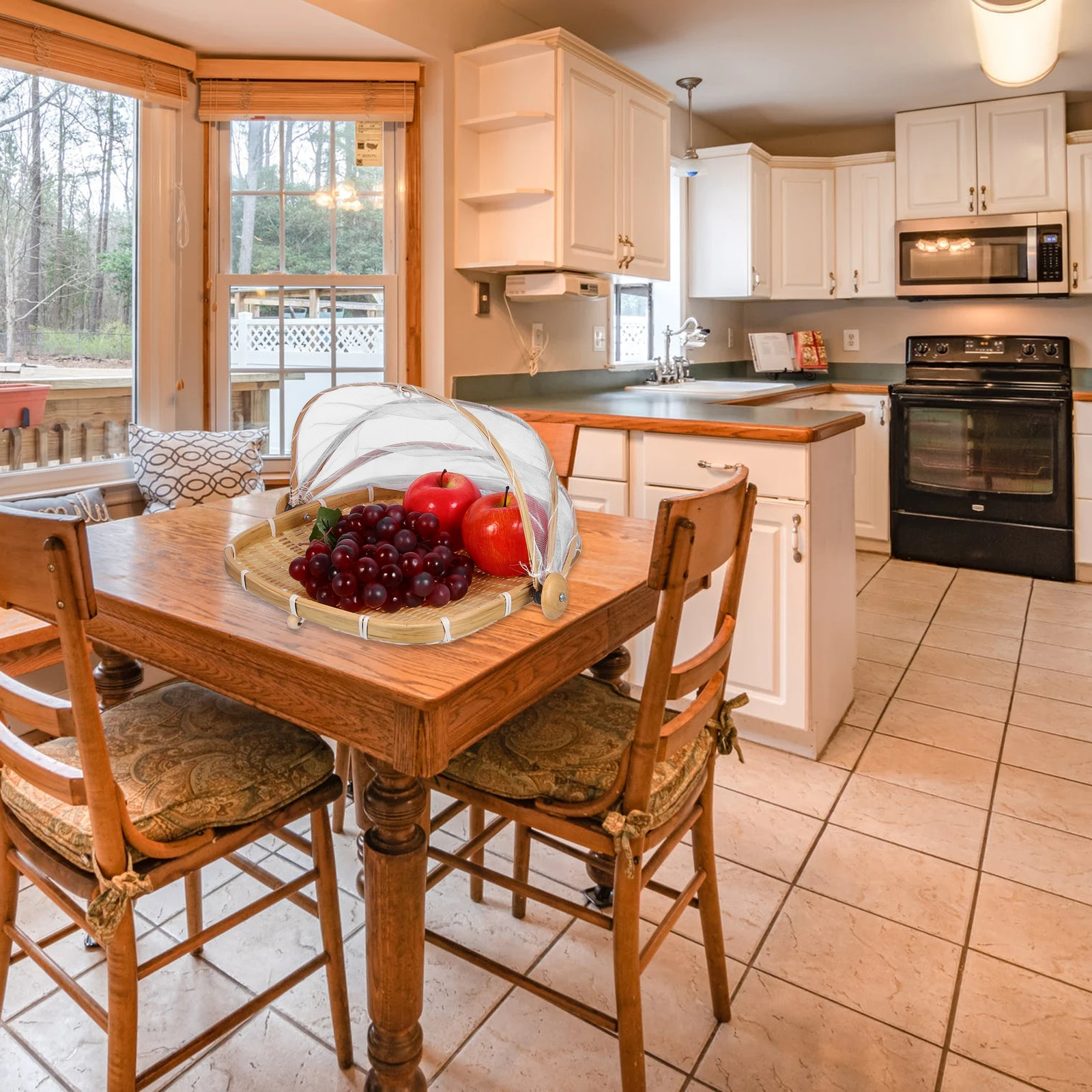 

1pc Bamboo Woven Bread With Lid Food Storage Basket Kitchen Organizer Fruit Vegetable Basket Anti- Cover Lightweight