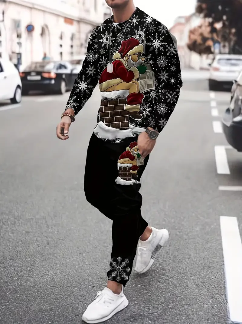 Christmas 3D Printed Santa Claus Pattern Tracksuit Men\'s Pullover Crewneck Top And Pants 2 Piece Set Fashion Casual Wear