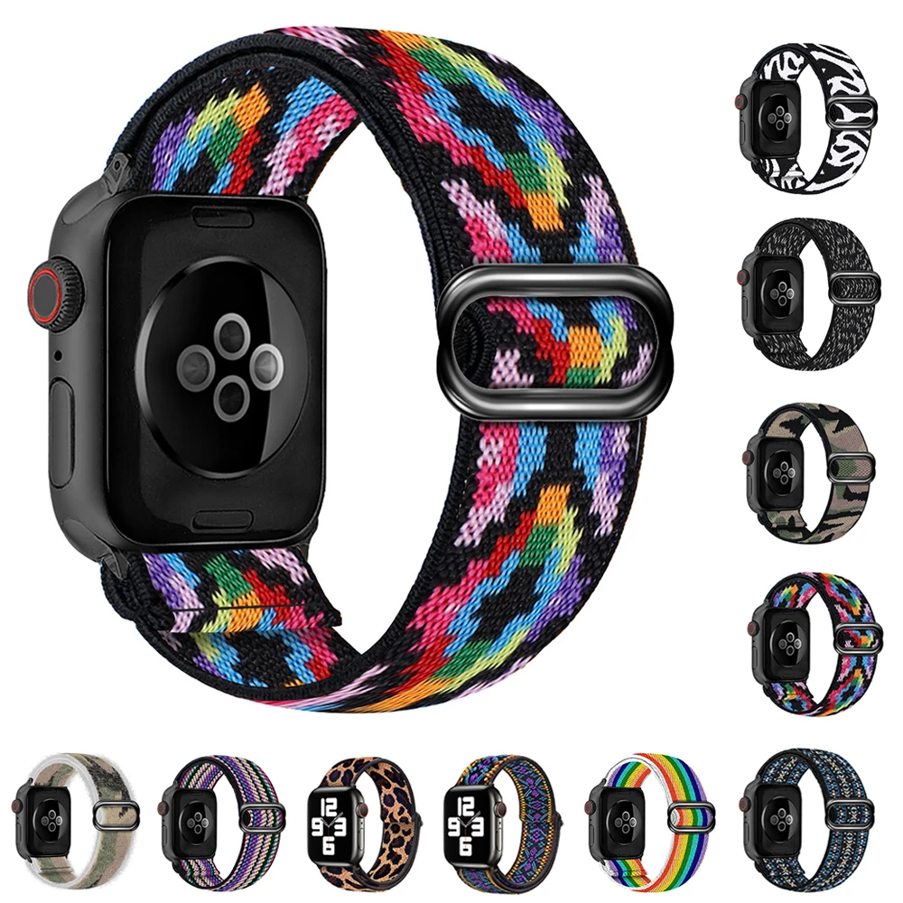 Aztec Style Colorful Stretchy Nylon Watch band Table Annex Replacement Strap Elastics Wristbelt For Apple Watch SE 6 5 4 3 2